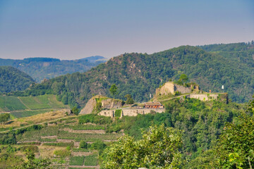 Obraz premium View into the Ahr valley near Dernau auf Saffenburg, in the Ahrweiler district in the north of Rhineland-Palatinate, Germany