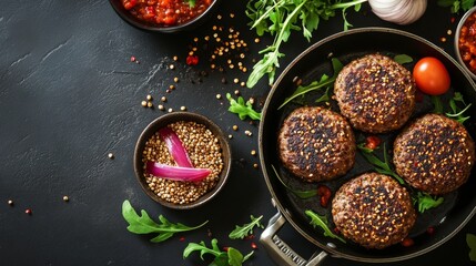 Buckwheat with burgers in a pan