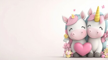 A charming couple of cartoon unicorns forming a love heart, capturing the essence of romance and whimsy in a delightful 3D rendering