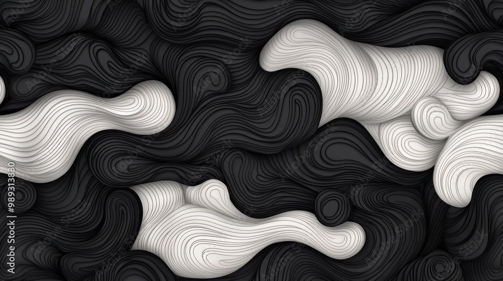 Poster abstract wavy pattern with black and white lines creating fluid motion.