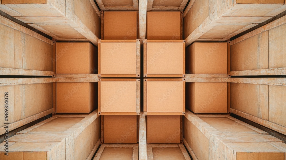 Poster Abstract view of a modern ceiling design with geometric patterns and warm colors.