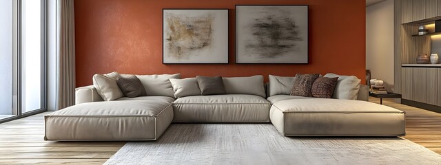 Cozy and inviting modern living room with a large comfortable sectional sofa minimalist stylish decor color accent walls and contemporary abstract art creating an industrial chic design