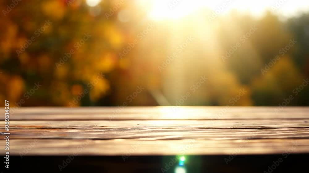 Poster a wooden table with a view of trees and a bright sun. the sun is shining on the table, creating a wa