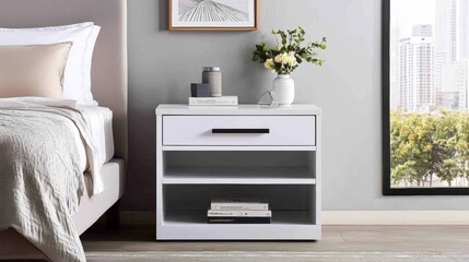 Modern bedside table with drawer and open shelves, styled with decor elements.