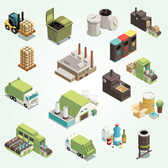 Isolated isometric garbage recycling icon set with separate recycle bag waste baskets and different factory illustration