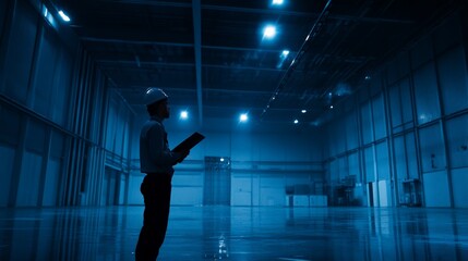 Fototapeta premium Futuristic Warehouse with Silhouetted Person