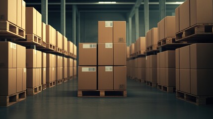 Warehouse interior with stacked cardboard boxes on pallets, organized storage space.