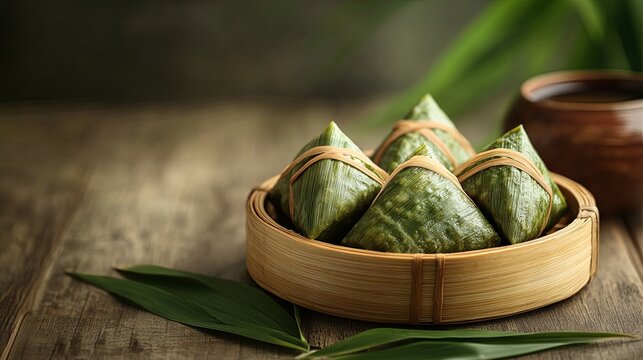 Traditional Zongzi wrapped in bamboo leaves, presented with ample copy space