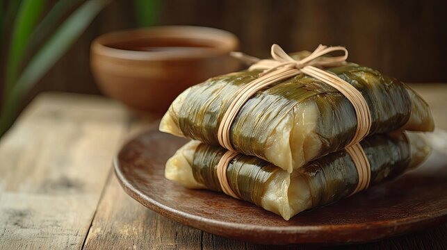 Traditional Zongzi wrapped in bamboo leaves, presented with ample copy space