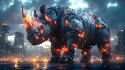 Cybernetic Rhino in a Futuristic City Illustration