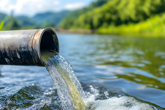 Environmental pollution problems. Discharge of wastewater and chemicals into rivers from industrial. Industrial pipe discharging chemical waste into a river.