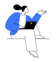 Person sitting with a laptop, hand raised as if speaking. Stylish and simple line drawing with blue accents. Ideal for remote work, communication, online meetings, productivity, and technology