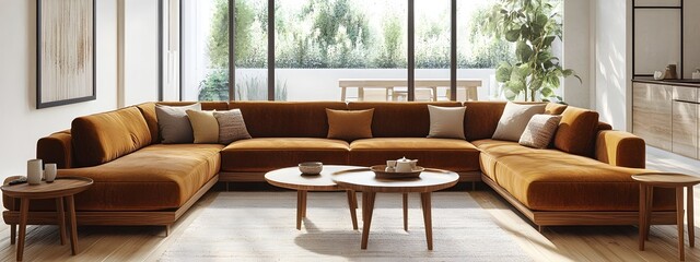 Serene and calming Japandi inspired modern living room featuring a spacious L shaped sectional sofa in a rich velvet fabric sleek mid century modern coffee table and side tables
