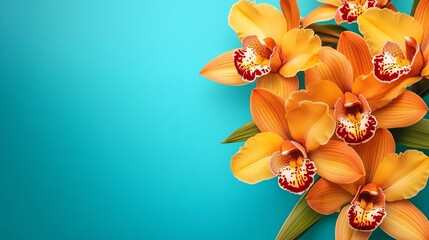 Fototapeta na wymiar A cluster of yellow and orange orchids, set against a cool teal background to make the colors pop with tropical vibrancy