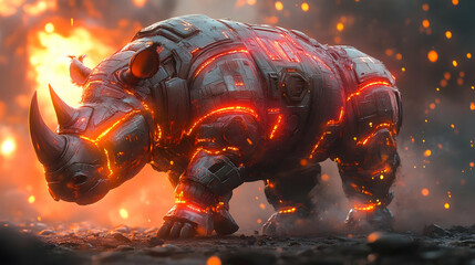 Fiery Mechanical Rhino 3D Illustration