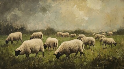 Fototapeta premium A Pastoral Landscape with a Flock of Sheep Grazing in a Field