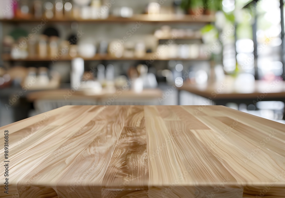 Poster Blurred Kitchen Interior with Empty Wooden Countertop