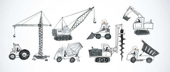 Vector doodle sketch of various construction vehicles, including cranes, excavators, trucks, and loaders, in hand-drawn style on white background © elinacious