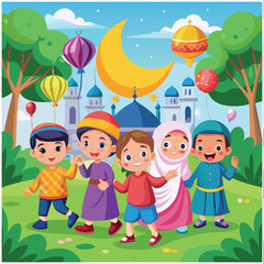 Fototapeta premium Cute Girl And Boy Moslem Celebrating Ied Mubarak Cartoon Vector Icon Illustration. People Religion Icon Concept Isolated Premium Vector. Flat Cartoon Style