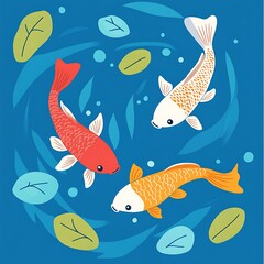 Naklejka premium Whimsical Fish Trio in a Serene Blue Pond - Vibrant Flat Vector Illustration