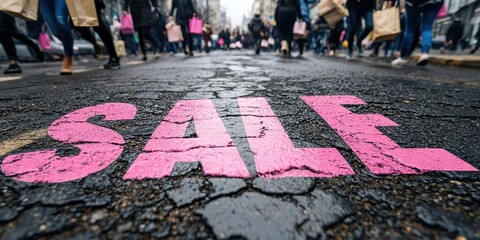 A close-up of a pink Sale inscription on the asphalt against a background of blurred people with colorful bags. The concept of discounts and sales