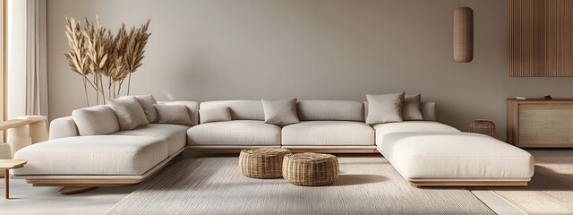 Cozy and inviting contemporary living room design with plush L shaped sectional sofa muted tones natural wood and woven elements minimalist yet warm decor