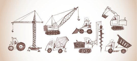 Vector doodle sketch of various heavy construction vehicles, including cranes, excavators, trucks, and loaders in vintage style © elinacious