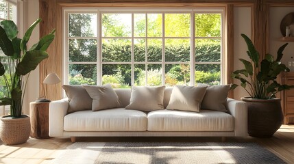 Cozy and Inviting Modern Living Room with Plush Linen Couch Rustic Wood Accents and Large Windows Overlooking a Bright Lush Garden