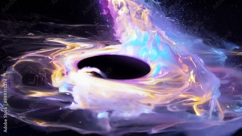 Poster a large, dark hole in space with a bright purple and yellow swirl surrounding it. the swirl is swirl
