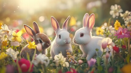 Adorable animals like bunnies playing in a field of flowers
