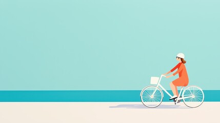 Minimalist Illustration of a Woman Riding a Bicycle by the Beach on a Sunny Day with Clear Blue Sky