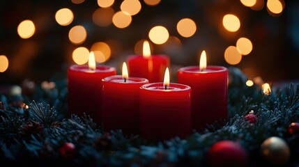 Five red candles in a Christmas wreath, with a blurred background of warm lights.