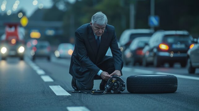 Man Changing Flat Tire on a Busy Road