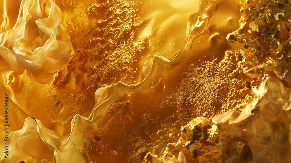 Wall mural an image of gold liquid under a microscope, magnifying the detailed textures and colors, showing dep