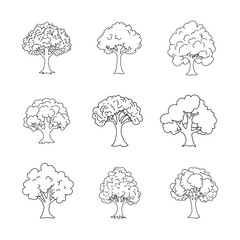 Set of trees in doodle style. Vector isolated on white background