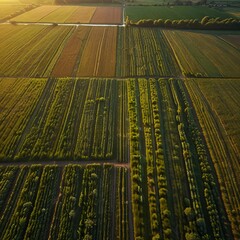 A tranquil aerial drone image of vast, green farmlands stretching across the countryside. Neatly divided plots of land create geometric patterns