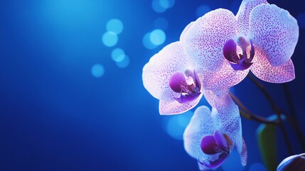 A white and purple speckled orchid on a deep royal blue background, creating a bold and vibrant floral image