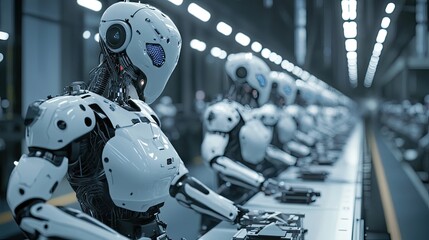 Fototapeta premium AI-driven futuristic manufacturing process with robots and smart machines