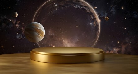 empty gold podium on outer space and hugh golden planet galaxy background for product presentation
