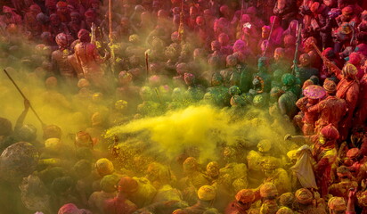 Men from Nandgaon sit in a Samaaj or community gathering during the festival of Holi, Mathura,...