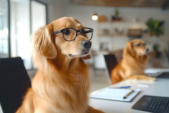 dogs wearing glasses having a meeting in the office
