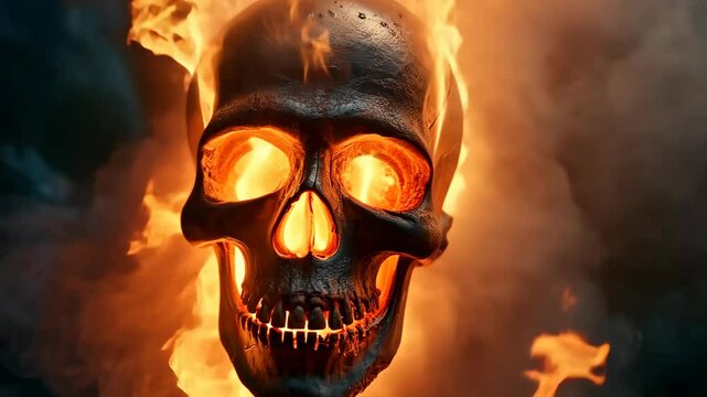 A fiery skull emerges from the shadows, captivating viewers with its intense glow and detail