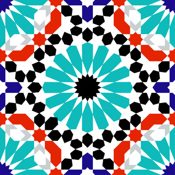Arabic Mosaic Zellige Colorful Vector. Red, blue and green colors. Seamless