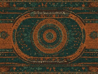 Large, intricate mandala-like pattern with concentric circles and geometric shapes in shades of orange, brown, and green on dark background