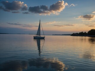 Sailboat on calm lake at sunset, with boat's reflection visible in water and dramatic clouds in sky