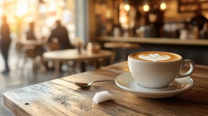 Fototapeta premium A cup of latte with latte art on a wooden table in a cafe.