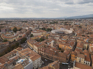 Italy, September 22, 2024: Panoramic aerial view of the city of Verona in Veneto. Also called the city of love with its arena and the Adige river