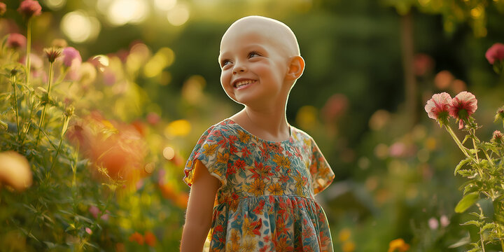 bright portrait of a young bald girl smiling in a colorful floral dress childhood cancer awareness joyful child outdoor garden setting blooming flowers sunlight bokeh background
