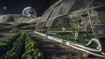 An interior shot of a lunar base with advanced life support systems and hydroponic gardens visible through a transparent dome, showing Earth in the distance.