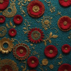 Vibrant and intricate pattern featuring large red flowers with golden centers against deep teal background, surrounded by swirling golden and teal floral motifs
